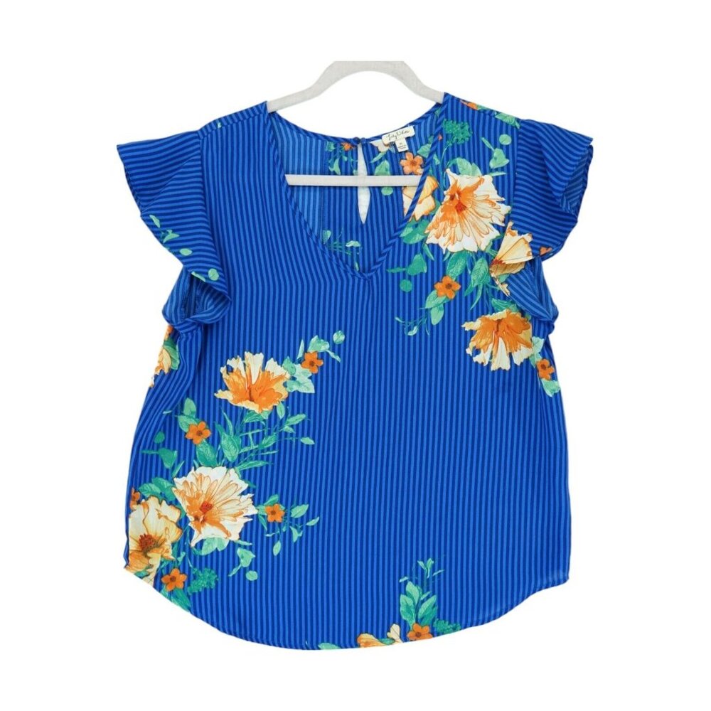 Lily White‎ Womens Floral Short Sleeve Blouse Size XL Blue Top Semi Sheer